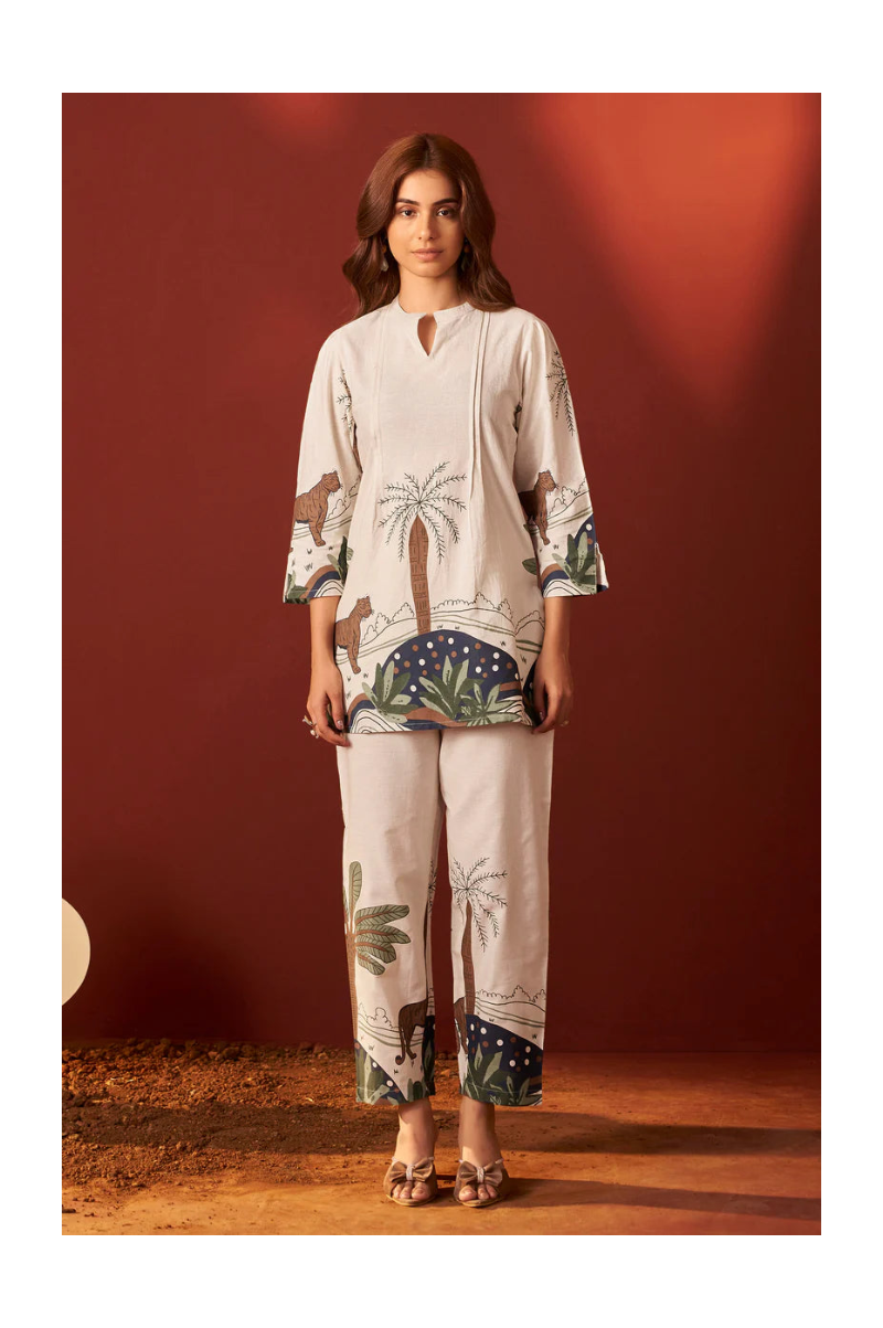 Off White Pure Cotton Printed Co-Ord Set