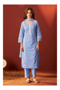 Sky Blue Pure Cotton Schiffly Kurta Set with Dupatta