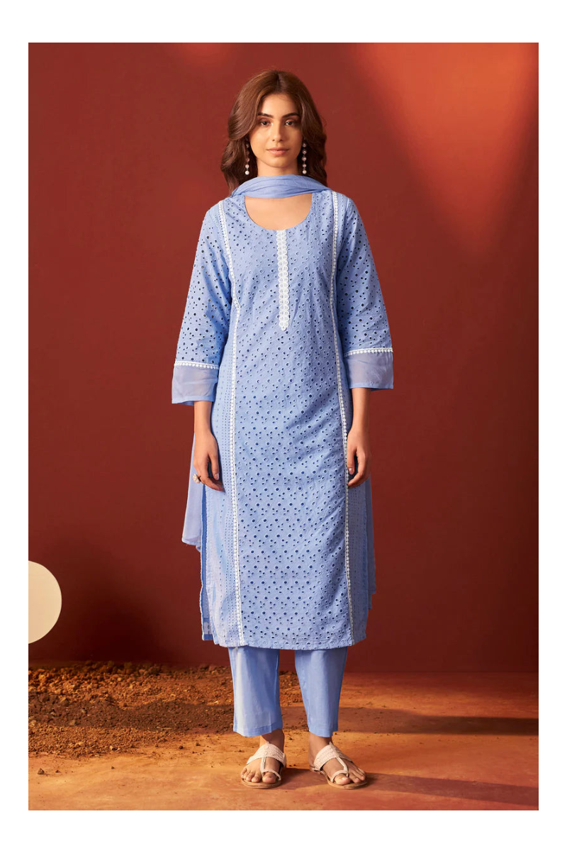 Sky Blue Pure Cotton Schiffly Kurta Set with Dupatta