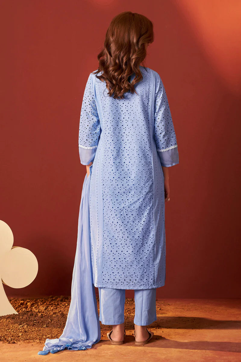 Sky Blue Pure Cotton Schiffly Kurta Set with Dupatta