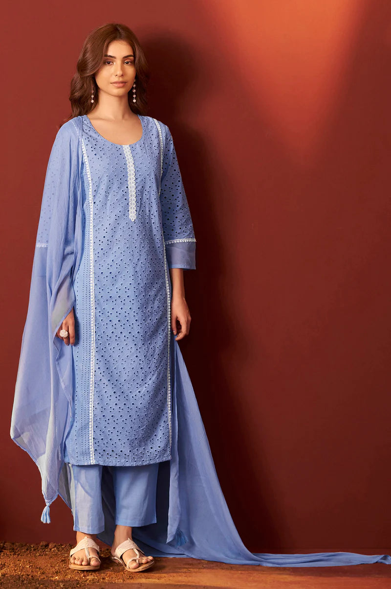 Sky Blue Pure Cotton Schiffly Kurta Set with Dupatta