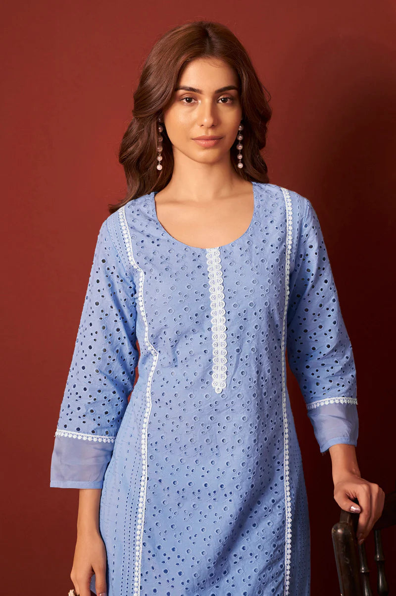 Sky Blue Pure Cotton Schiffly Kurta Set with Dupatta