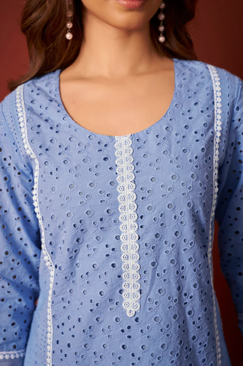 Sky Blue Pure Cotton Schiffly Kurta Set with Dupatta