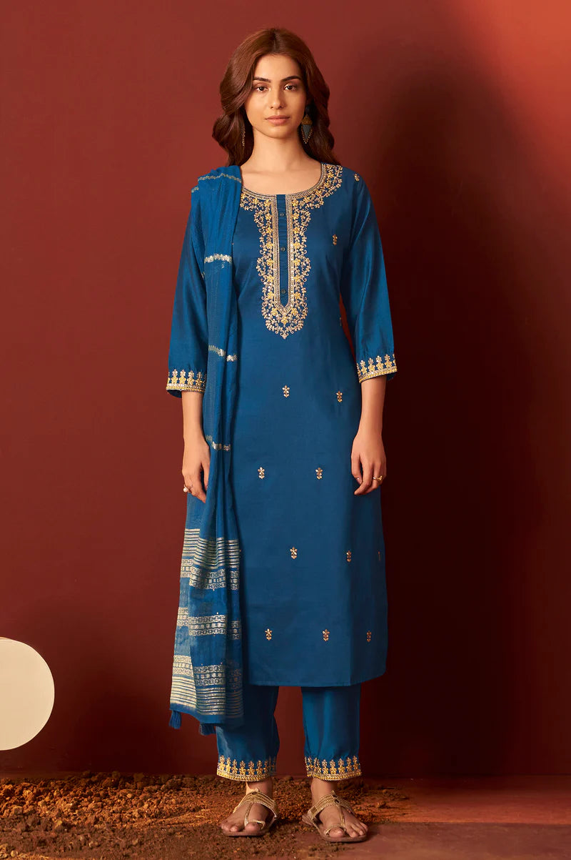 Green Chinnon Embroidered Kurta Set With dupatta