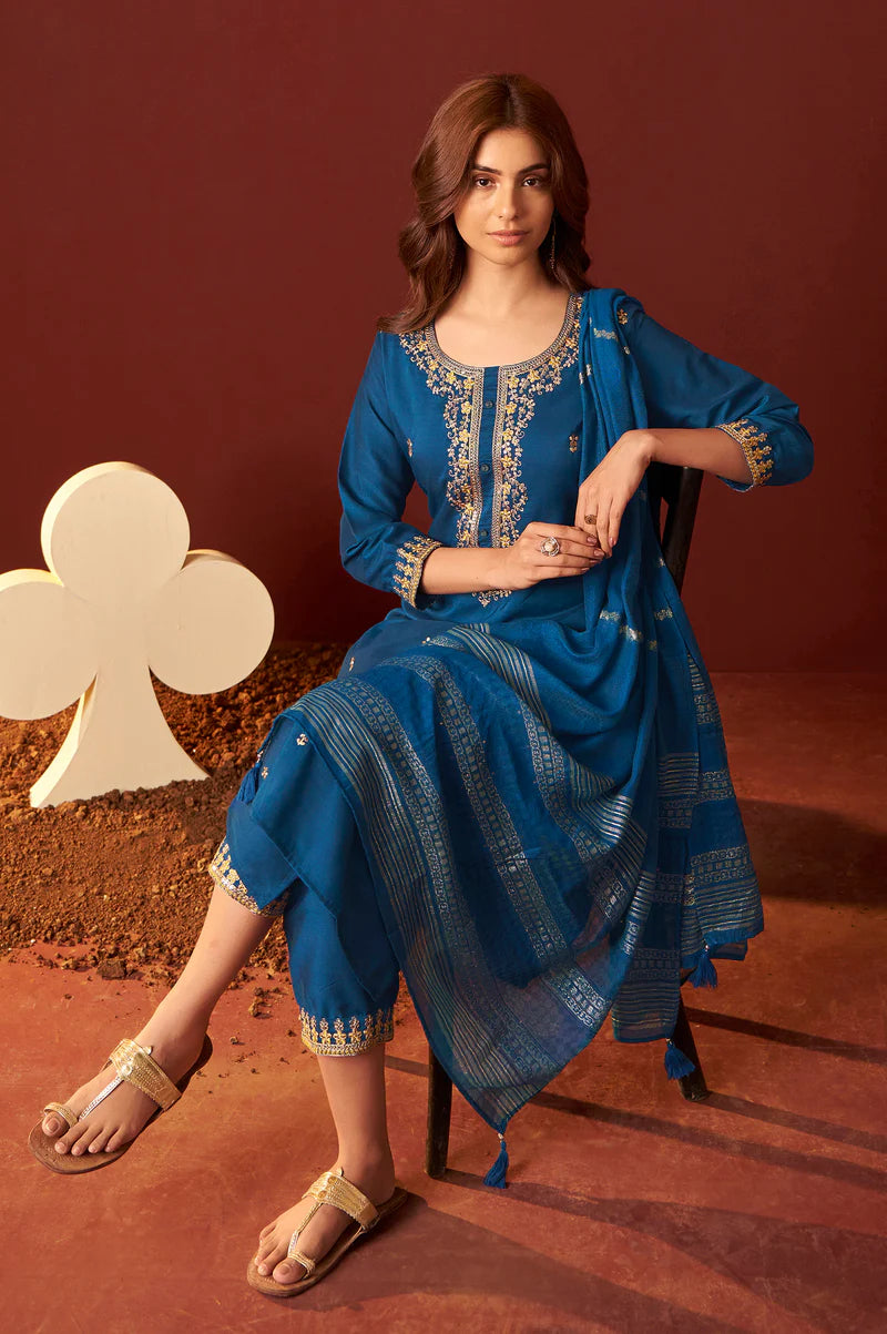 Green Chinnon Embroidered Kurta Set With dupatta