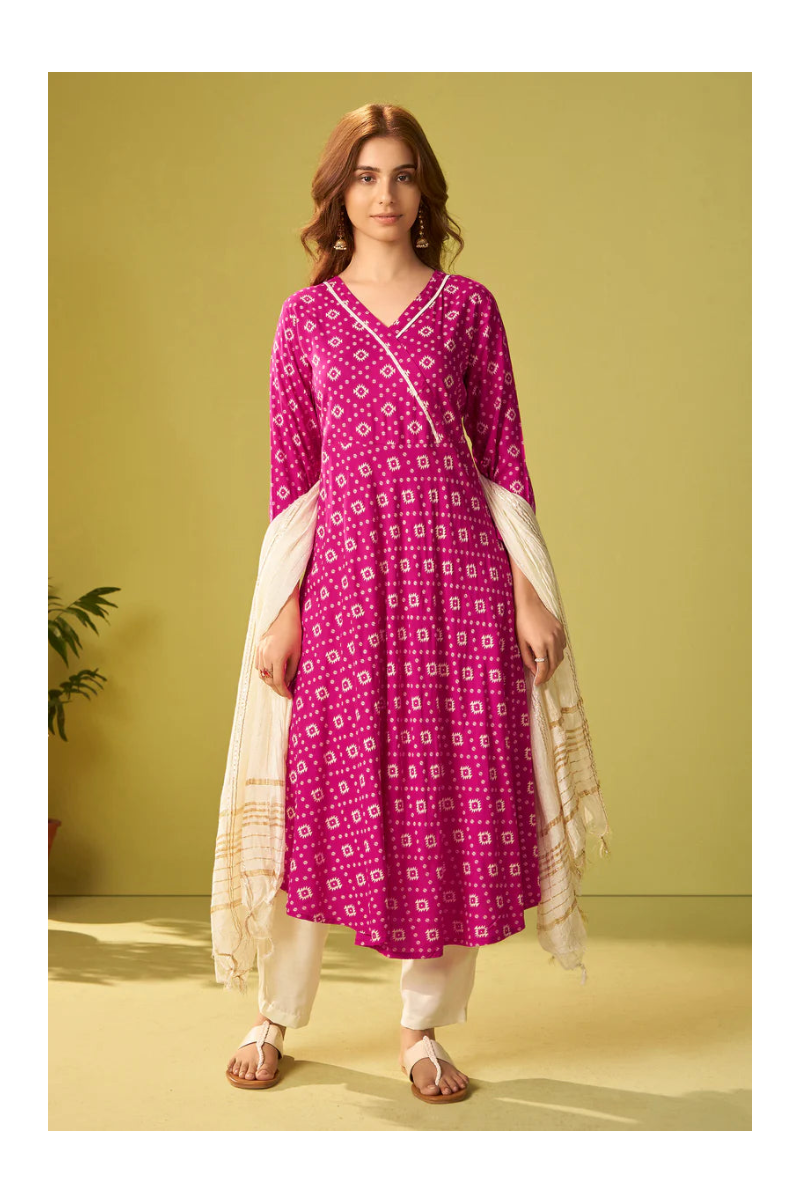 Pink Viscose Rayon Printed Anarkali Kurta Set With Dupatta