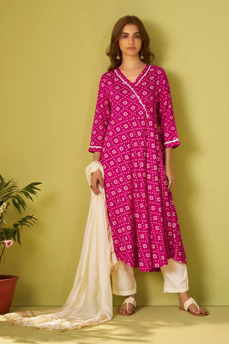 Pink Viscose Rayon Printed Anarkali Kurta Set With Dupatta