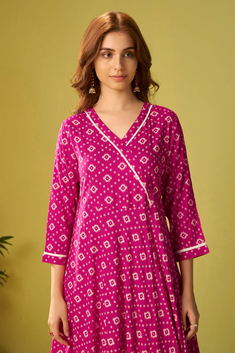 Pink Viscose Rayon Printed Anarkali Kurta Set With Dupatta