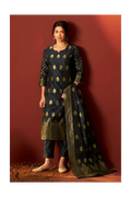 Black Silk Blend Jacquard Zari Work Kurta Set With Dupatta For Women