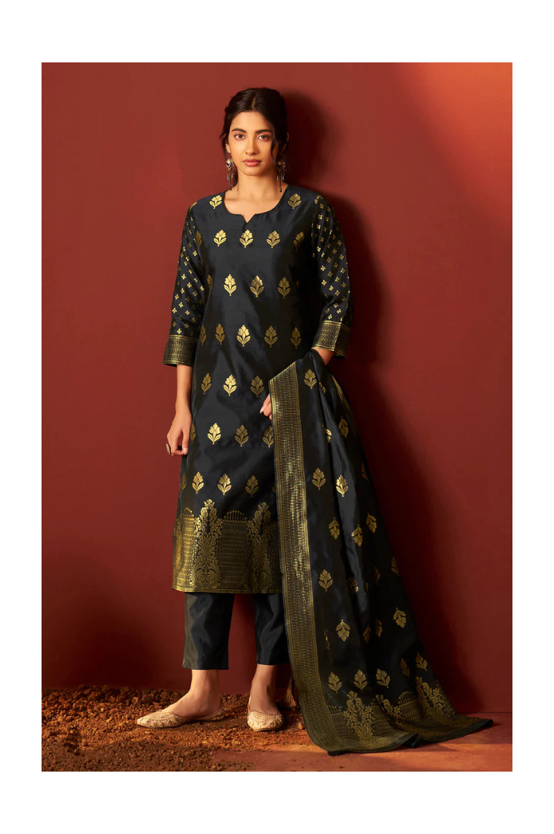 Black Silk Blend Jacquard Zari Work Kurta Set With Dupatta For Women