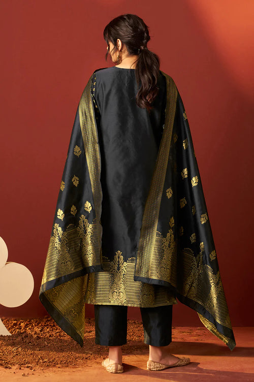 Black Silk Blend Jacquard Zari Work Kurta Set With Dupatta For Women