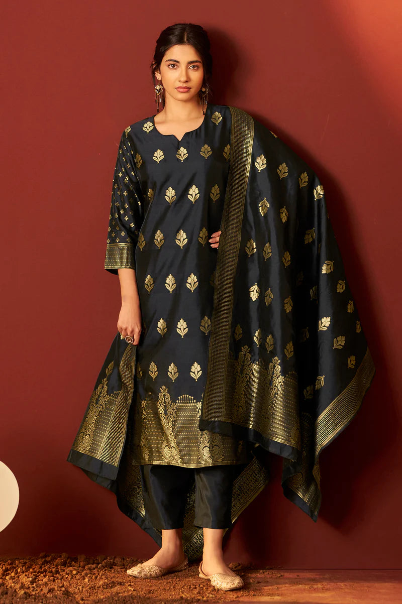 Black Silk Blend Jacquard Zari Work Kurta Set With Dupatta For Women
