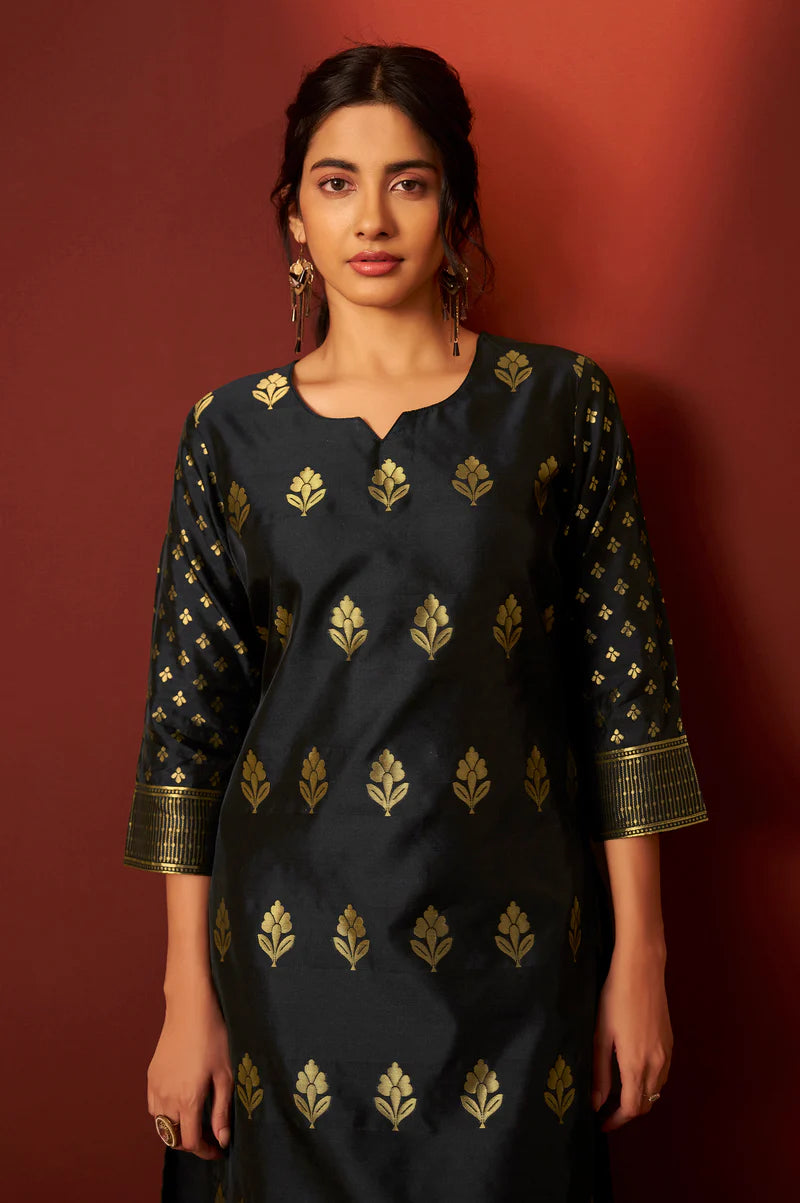 Black Silk Blend Jacquard Zari Work Kurta Set With Dupatta For Women