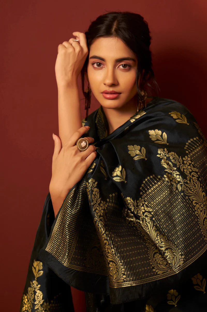 Black Silk Blend Jacquard Zari Work Kurta Set With Dupatta For Women