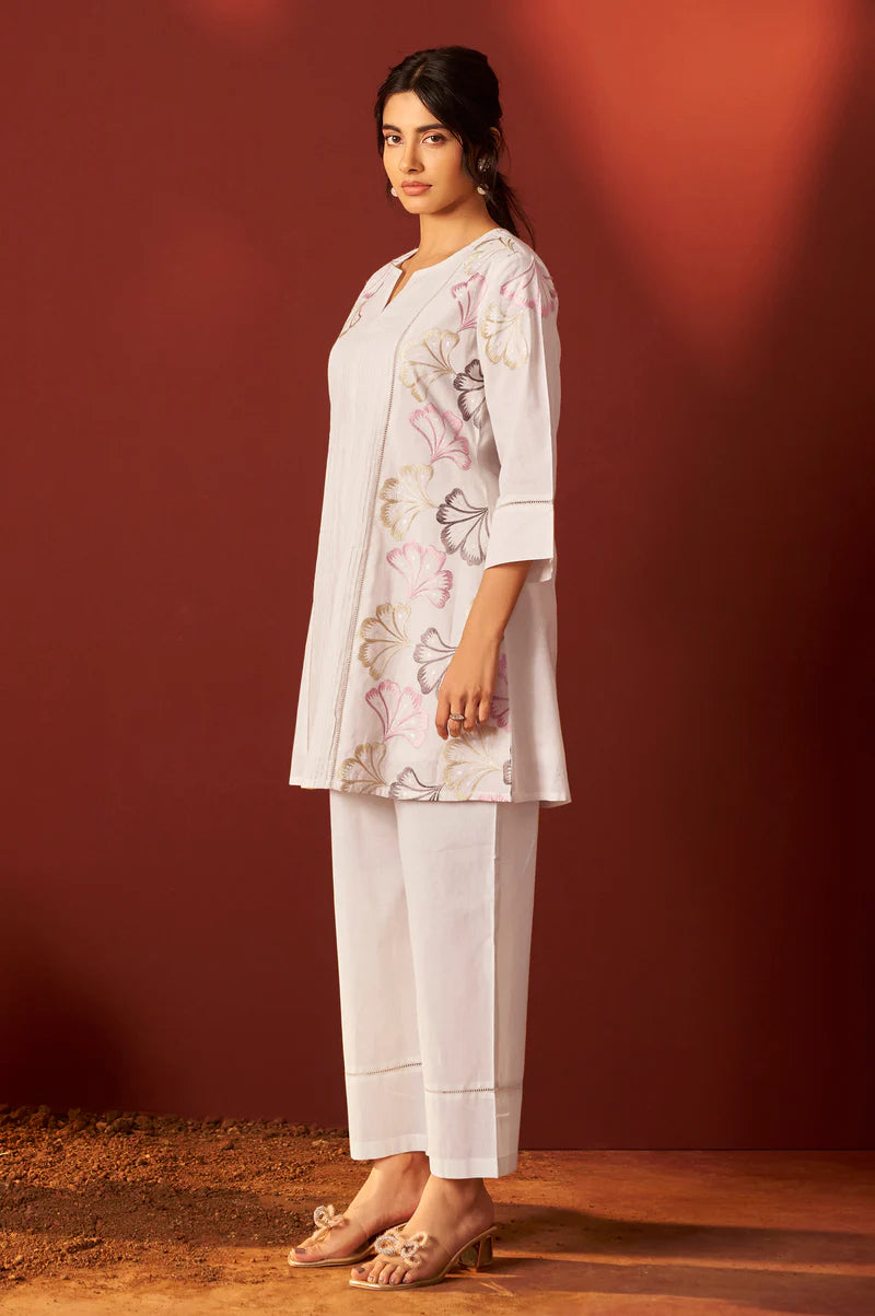 Off White Pure Cotton Embroidered Co-Ord Set