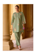 Women's Green Embroidered Roman Silk Co-Ord Set