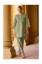 Women's Green Embroidered Roman Silk Co-Ord Set