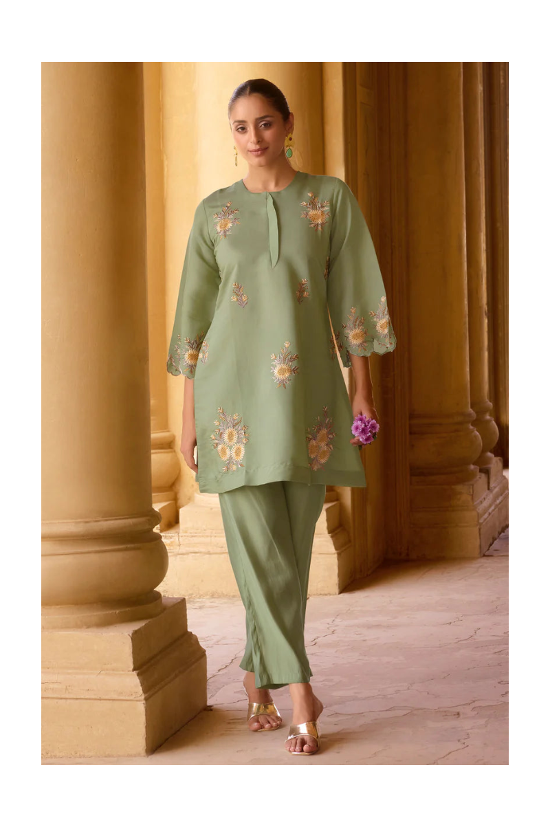 Women's Green Embroidered Roman Silk Co-Ord Set