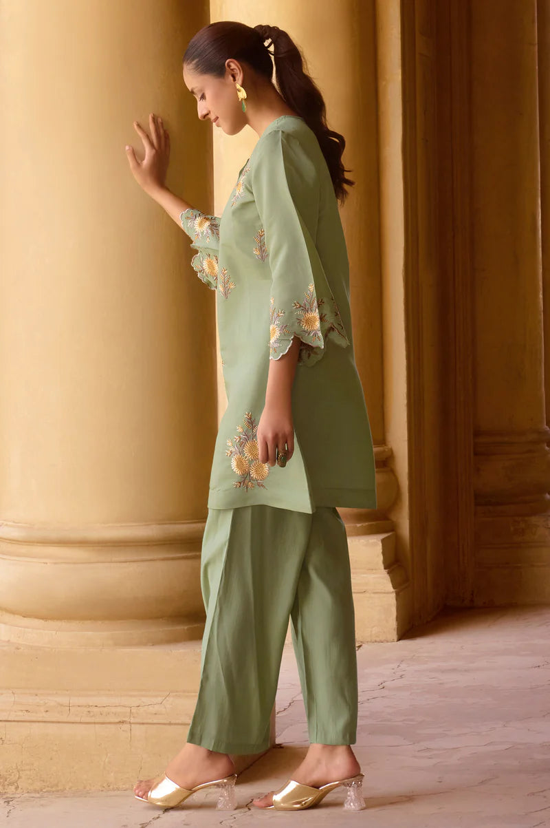 Women's Green Embroidered Roman Silk Co-Ord Set