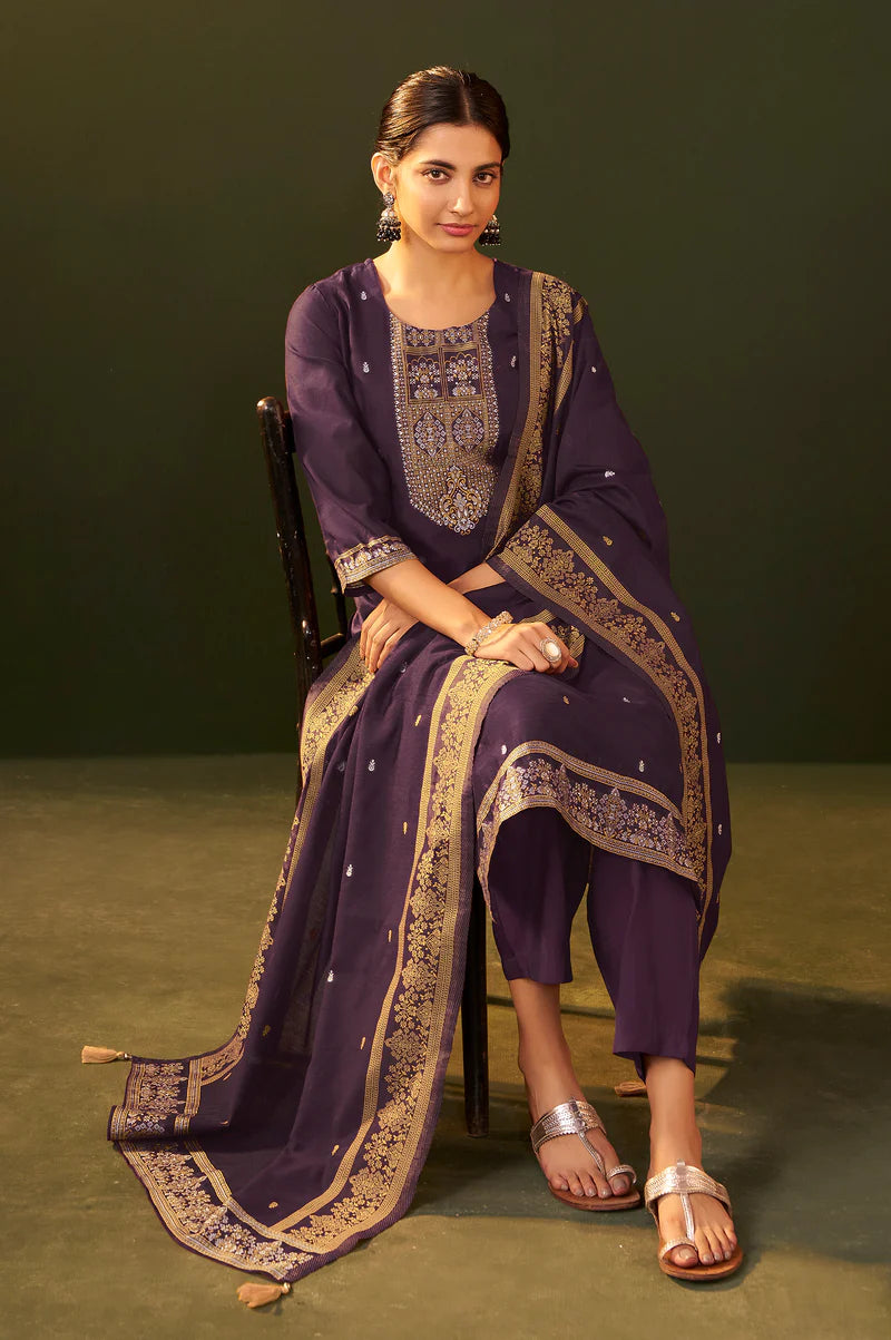 Purple Jacquard Silk Blend Straight Kurta Set with Dupatta