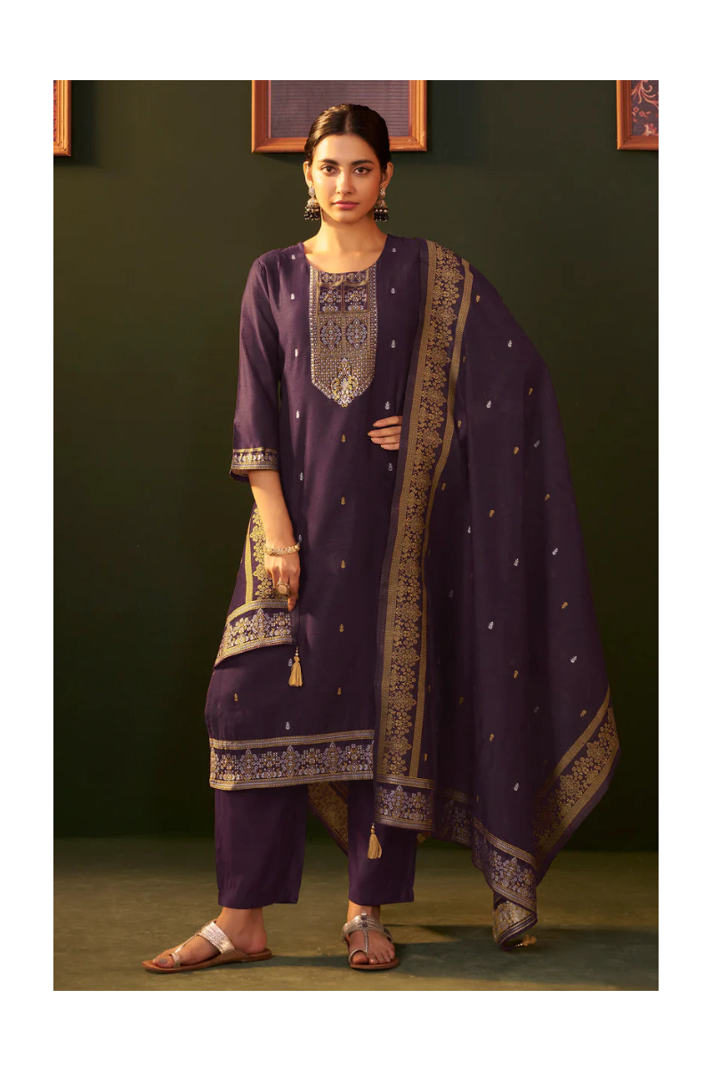 Purple Jacquard Silk Blend Straight Kurta Set with Dupatta