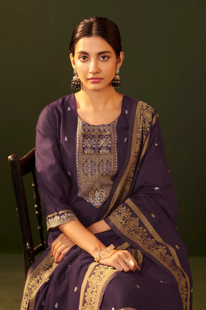 Purple Jacquard Silk Blend Straight Kurta Set with Dupatta