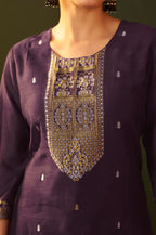 Purple Jacquard Silk Blend Straight Kurta Set with Dupatta