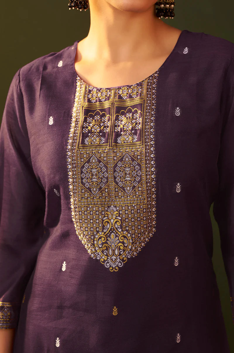 Purple Jacquard Silk Blend Straight Kurta Set with Dupatta