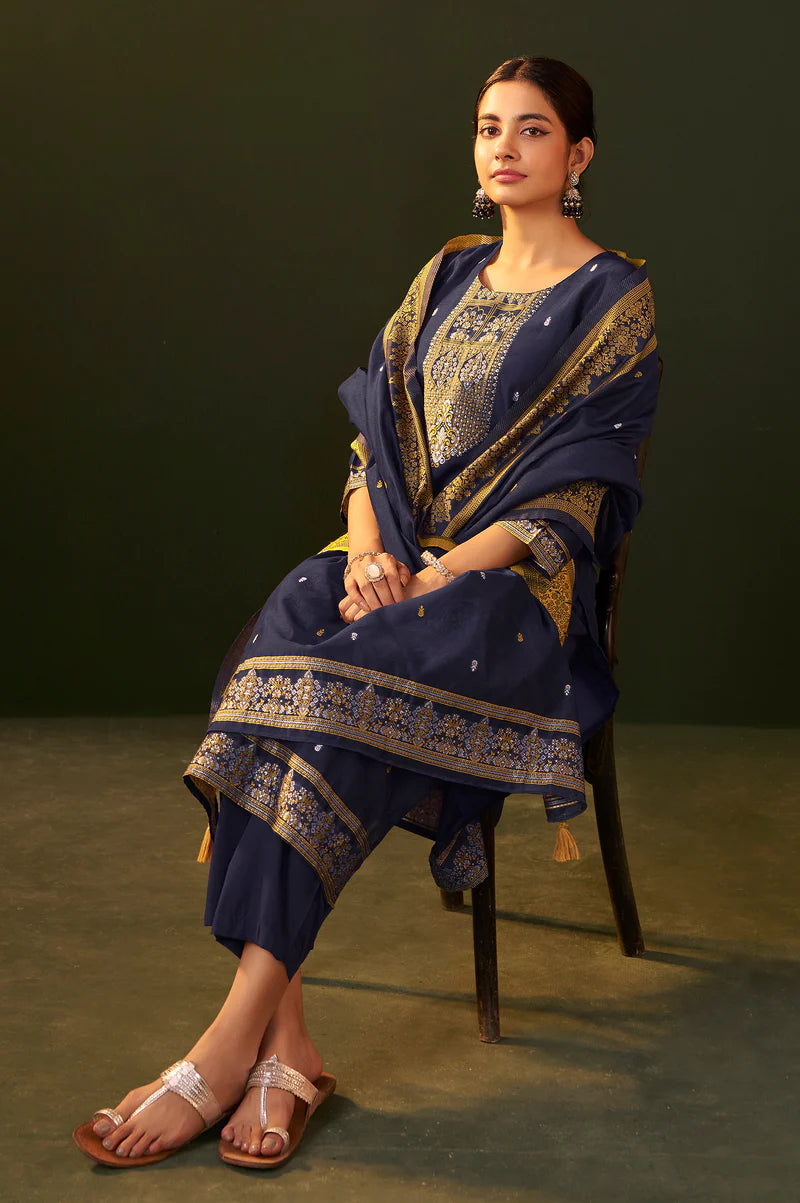 Purple Jacquard Silk Blend Straight Kurta Set with Dupatta