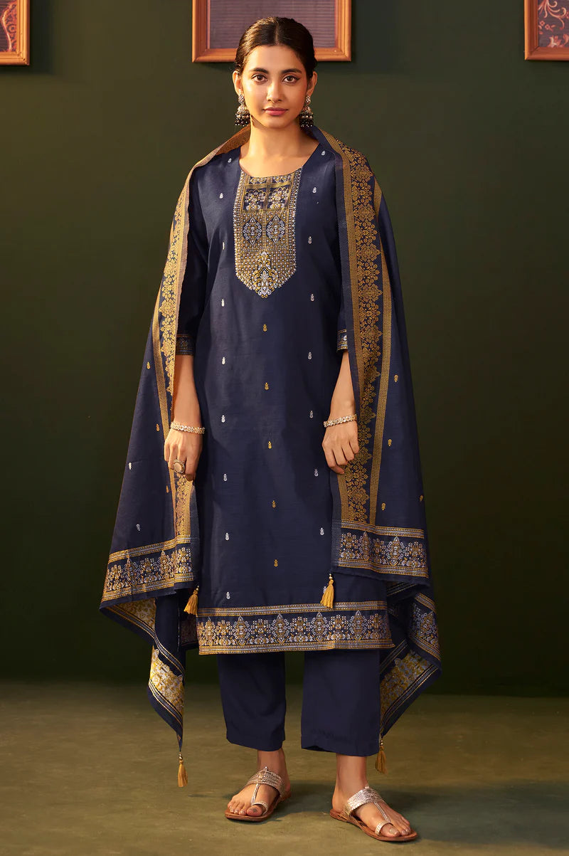 Purple Jacquard Silk Blend Straight Kurta Set with Dupatta