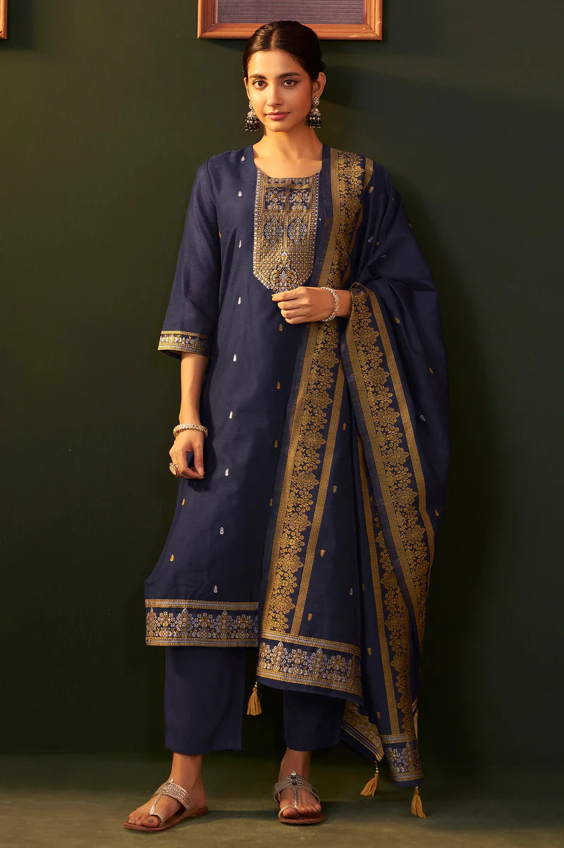 Purple Jacquard Silk Blend Straight Kurta Set with Dupatta