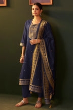 Purple Jacquard Silk Blend Straight Kurta Set with Dupatta