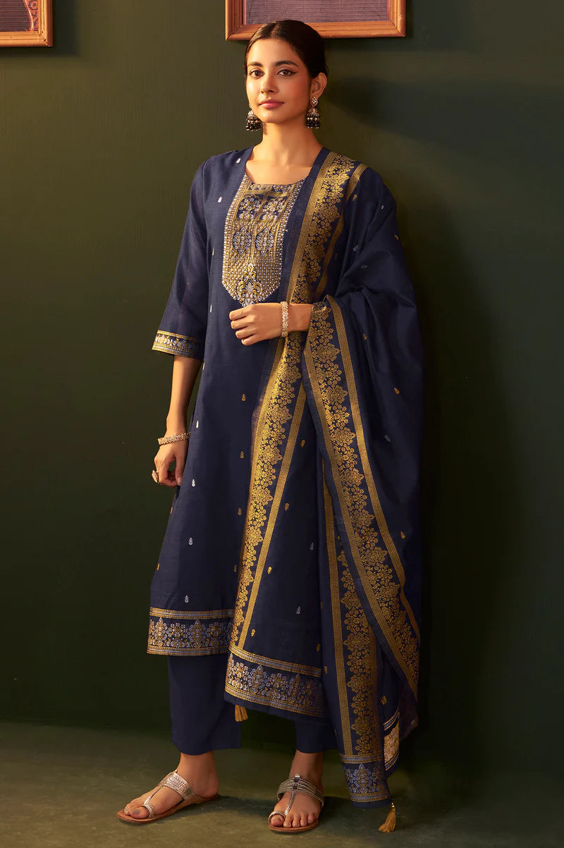 Purple Jacquard Silk Blend Straight Kurta Set with Dupatta