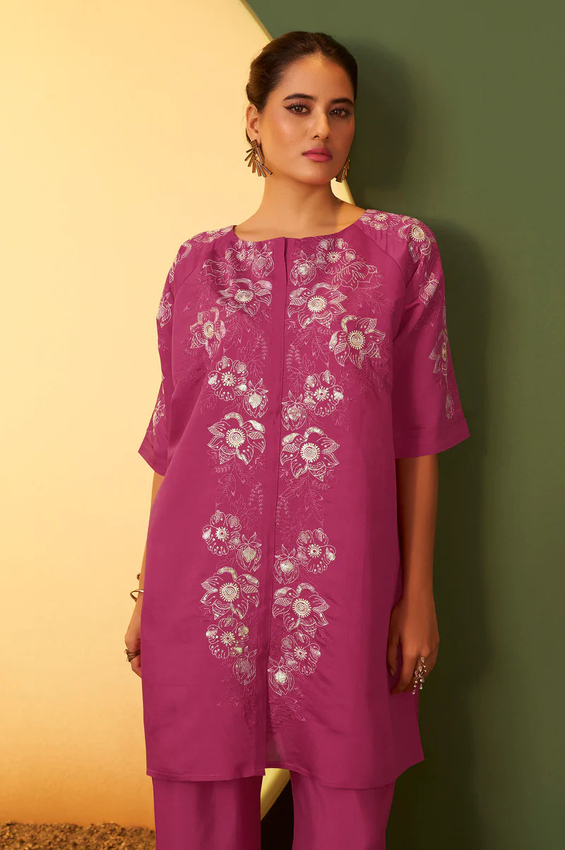 Light Pink Embroidered Flared Roman Silk Co-ord Set