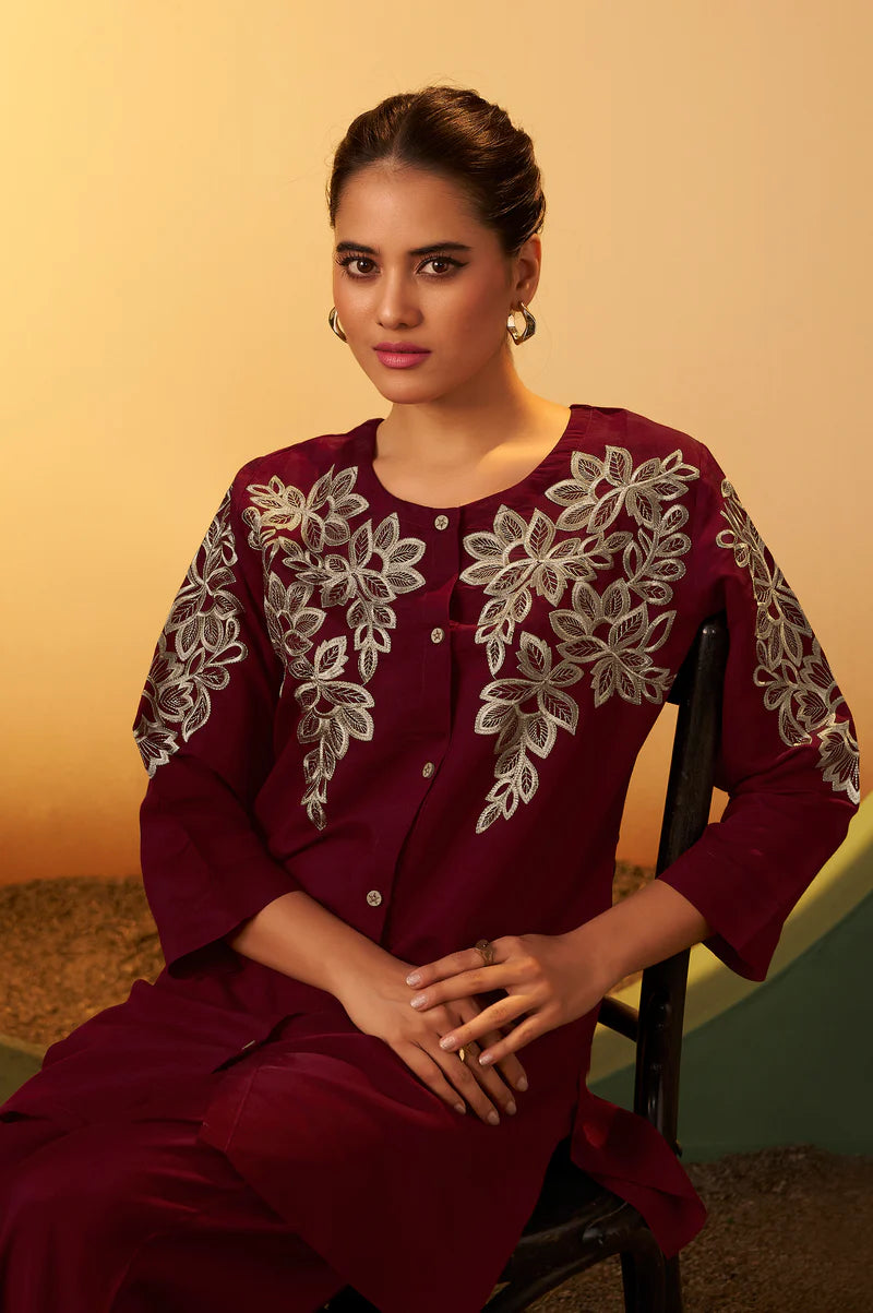 Maroon Embroidered Flared Roman Silk Co-ord Set