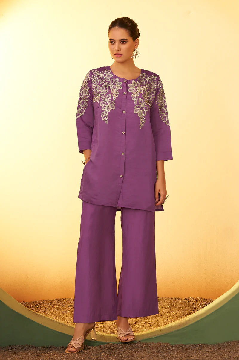 Maroon Embroidered Flared Roman Silk Co-ord Set