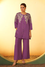 Maroon Embroidered Flared Roman Silk Co-ord Set
