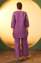 Maroon Embroidered Flared Roman Silk Co-ord Set