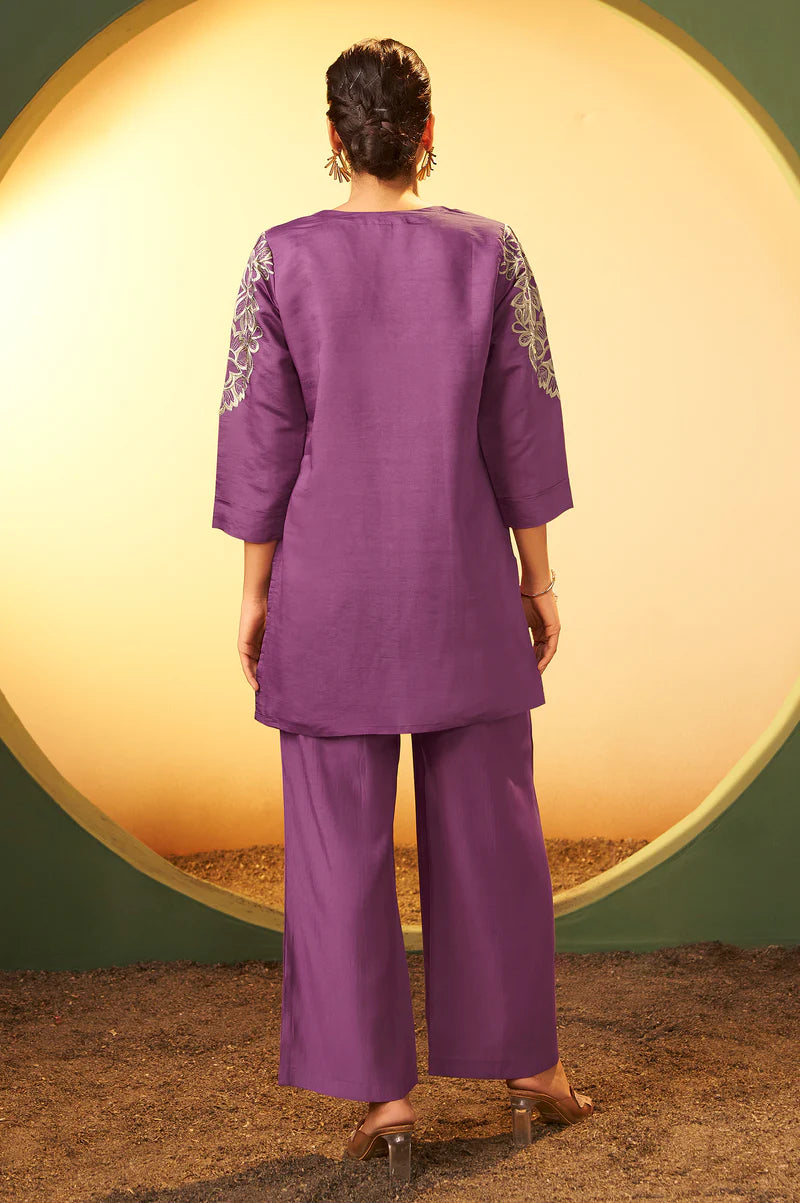 Maroon Embroidered Flared Roman Silk Co-ord Set