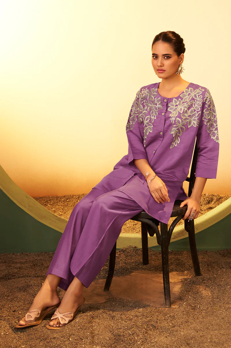 Maroon Embroidered Flared Roman Silk Co-ord Set