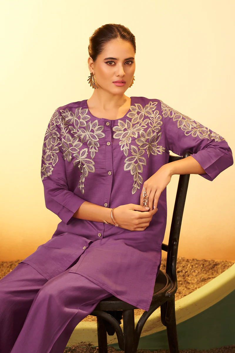 Maroon Embroidered Flared Roman Silk Co-ord Set