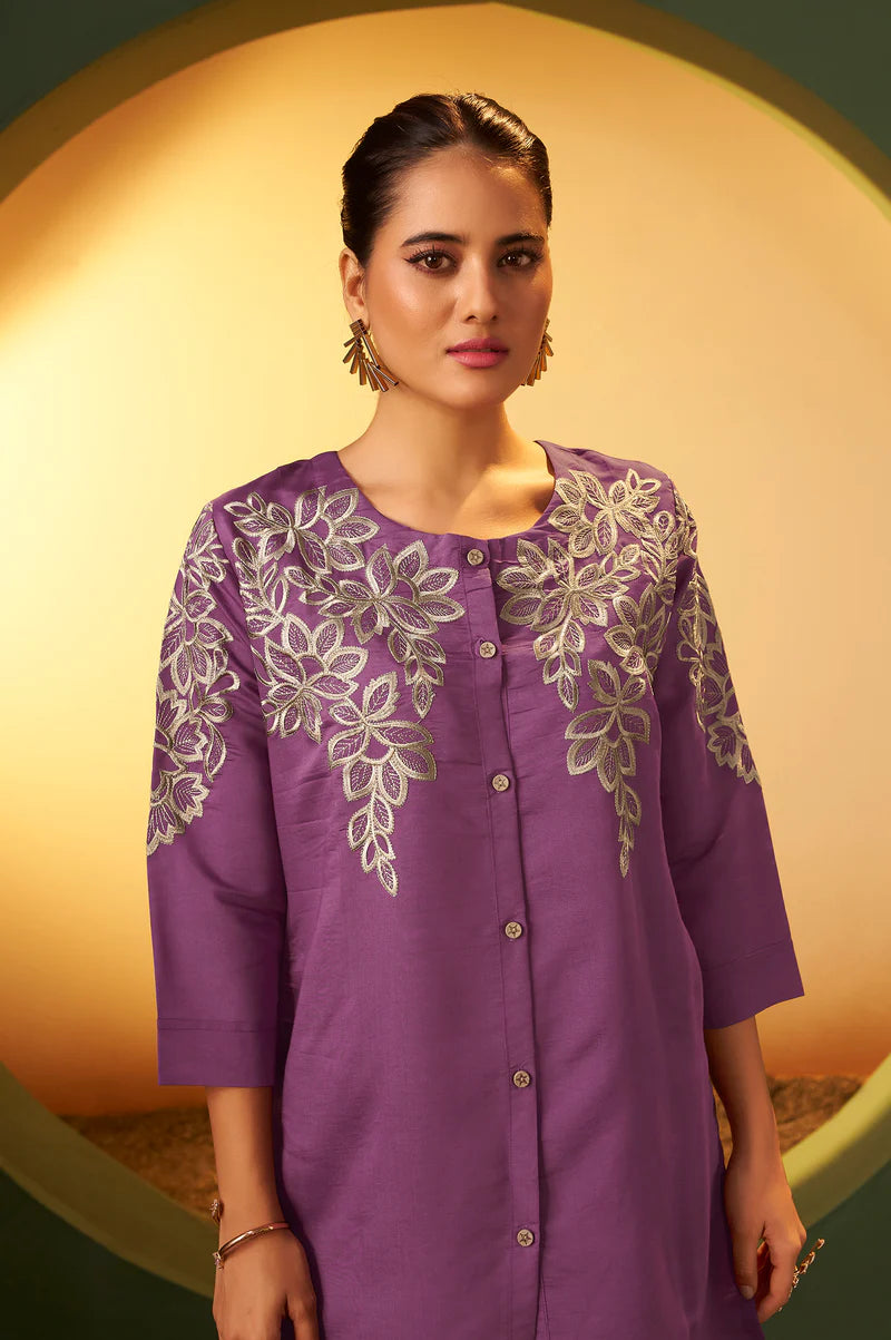 Maroon Embroidered Flared Roman Silk Co-ord Set