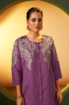 Maroon Embroidered Flared Roman Silk Co-ord Set