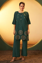 Dusty Pink Embroidered Flared Roman Silk Co-ord Set