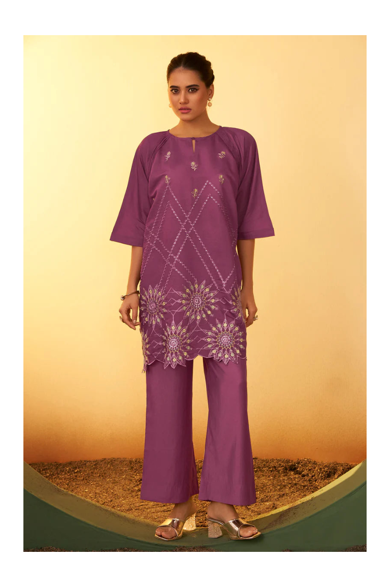 Dusty Pink Embroidered Flared Roman Silk Co-ord Set