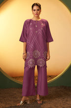 Dusty Pink Embroidered Flared Roman Silk Co-ord Set