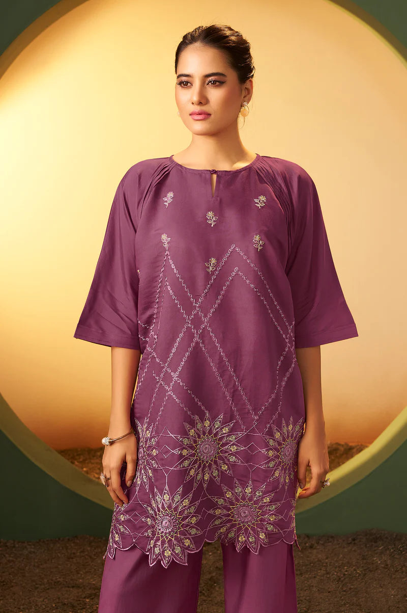 Dusty Pink Embroidered Flared Roman Silk Co-ord Set
