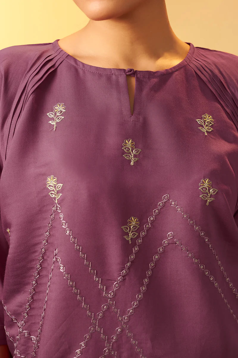 Dusty Pink Embroidered Flared Roman Silk Co-ord Set