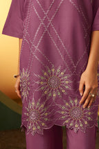 Dusty Pink Embroidered Flared Roman Silk Co-ord Set