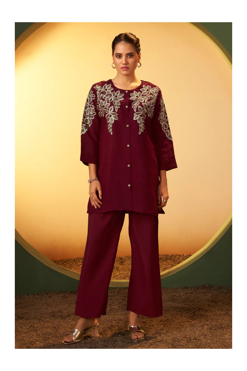 Maroon Embroidered Flared Roman Silk Co-ord Set